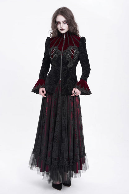 Crimson & Obsidian Stand Collar Long Trumpet Sleeves Embroidery Gothic Jacket