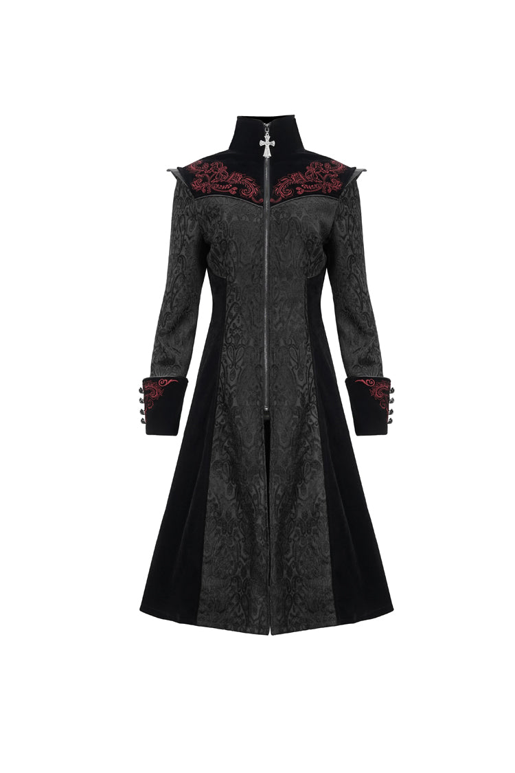 Embroidered Metal Cross Mushroom Buckle Studded Gothic Women's Coat in Black Jacquard