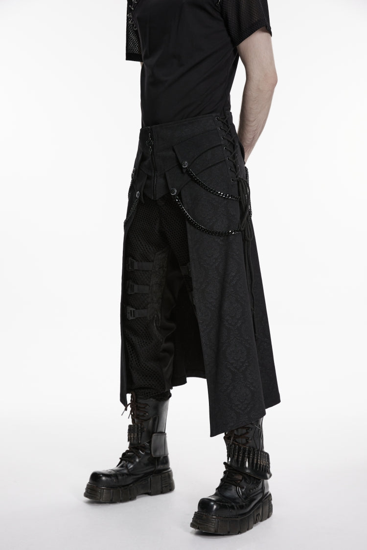 Black Lace-Up Zip Punk Skirt with Chain Detail for Men