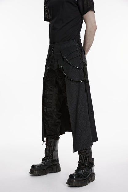 Black Lace-Up Zip Punk Skirt with Chain Detail for Men