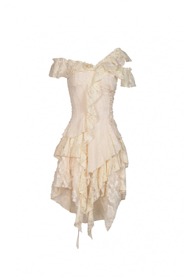 Steampunk Vintage Women's Dress with Irregular Ruffled Lace Layers, Cream