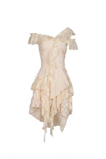 Steampunk Vintage Women's Dress with Irregular Ruffled Lace Layers, Cream