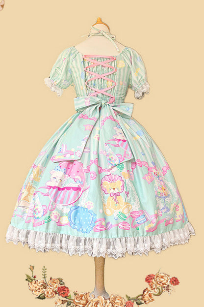 Emerald Macaron Dolly Square-Collar Lantern-Sleeve Bow Printed Dress