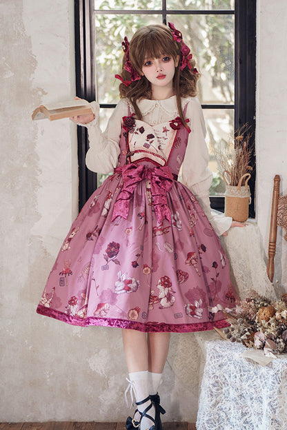 Crimson Sleeveless Sweet Lolita JSK with Rabbit and Sunflower Print