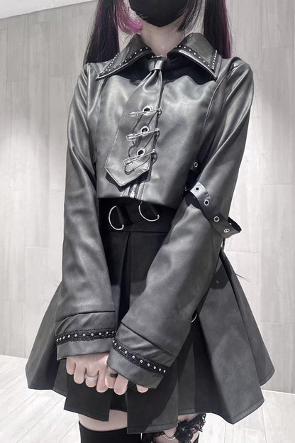 Japanese Handsome Top and Skirt Set with Studded Eyelet in Black