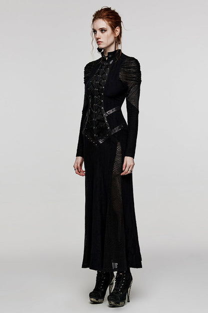 Black Gothic Dress with Snake Print, Lace-Up Mesh and High Collar for Women