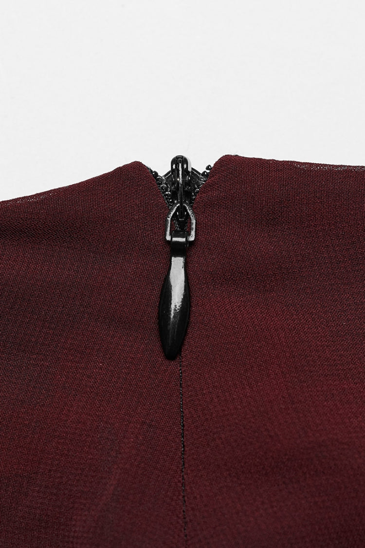 Crimson & Charcoal Studded Asymmetrical Goth Midi Skirt with Waist Chain