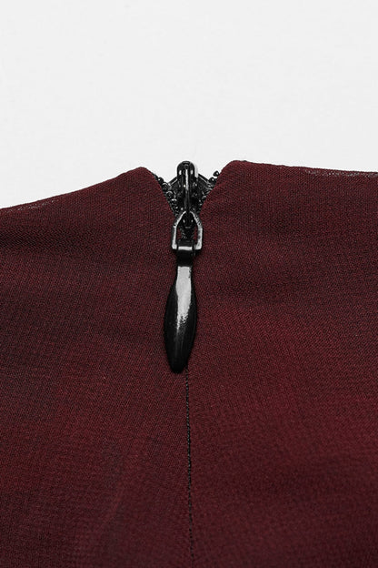 Crimson & Charcoal Studded Asymmetrical Goth Midi Skirt with Waist Chain