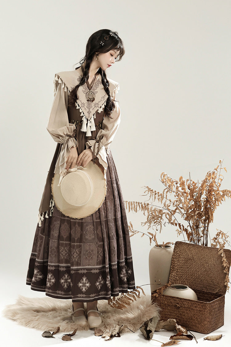 Mysterious Tribe Lantern Sleeve Chinese Style Lolita Dress - Asymmetric Ruffle