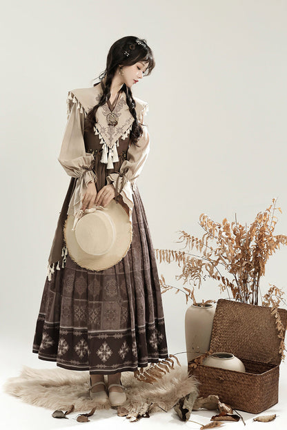 Mysterious Tribe Lantern Sleeve Chinese Style Lolita Dress - Asymmetric Ruffle