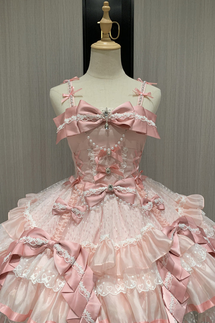 Blush Sleeveless Triple-Tier Ruffle Bow Lace Ballerina JSK - Gem Love