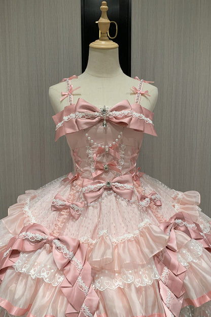 Blush Sleeveless Triple-Tier Ruffle Bow Lace Ballerina JSK - Gem Love