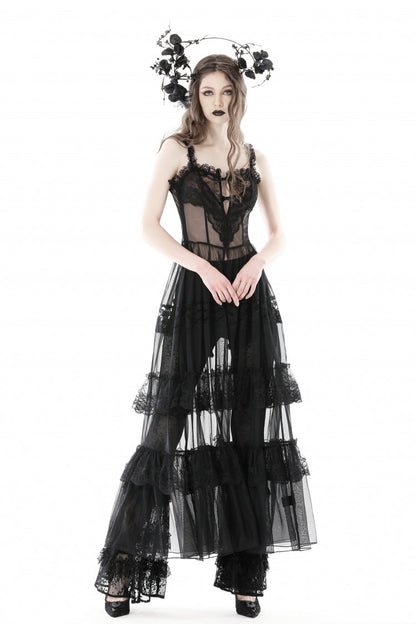 No-Sleeve Layered Lace Sheer Mesh Gothic Slip Gown