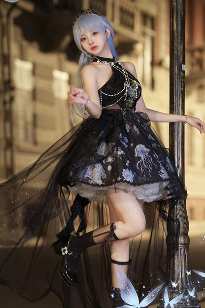 Azure Deep Sea Jellyfish Halter Sleeveless Print Embroidery Bow Lace Elegant Lolita Jumper Dress