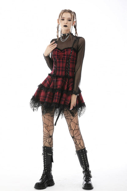 Crimson Punk Mini Dress with Plaid Layers and Lace Trim