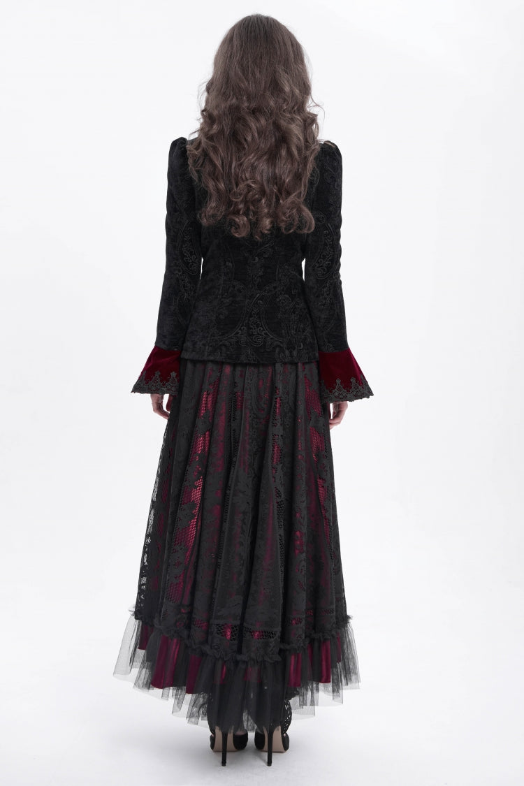 Crimson & Obsidian Stand Collar Long Trumpet Sleeves Embroidery Gothic Jacket