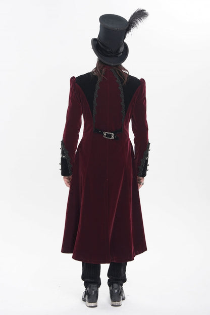Crimson High-Neck Gothic Palace Jacket with Color Block and Embroidery