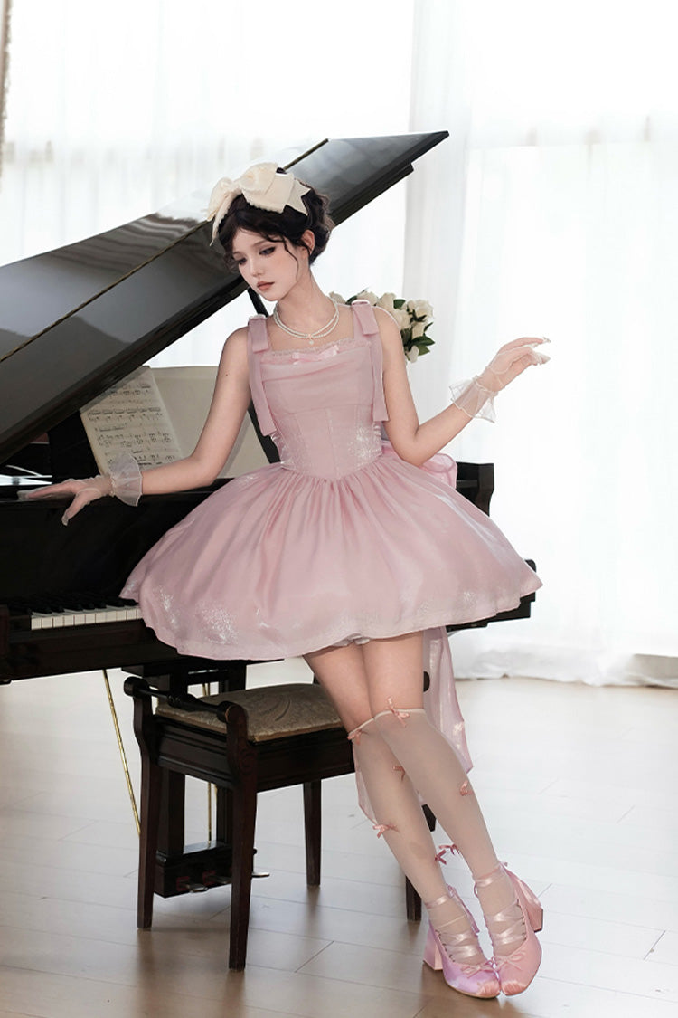 Blush Sleeveless Ruffle Bow Fishbone Sweet JSK - Foamy Sea