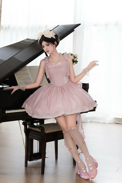 Blush Sleeveless Ruffle Bow Fishbone Sweet JSK - Foamy Sea