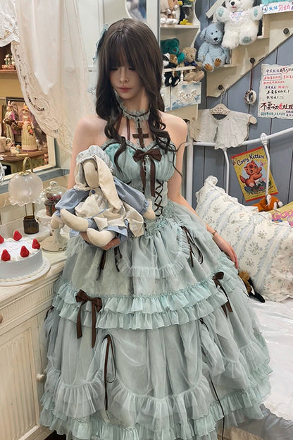 Mint Halterneck Cross Bow Lace-Up Ruffled Lolita Gown