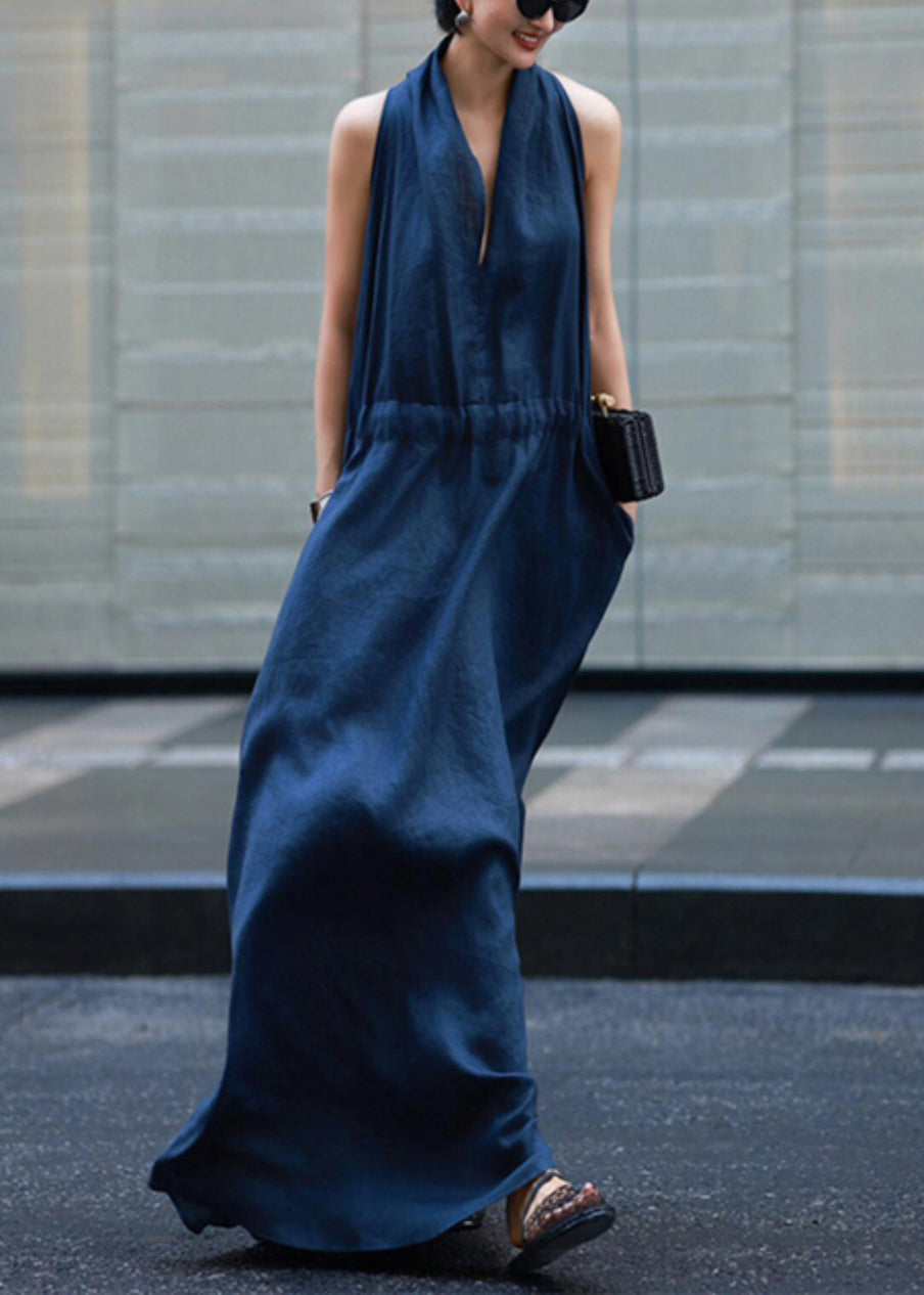 New Light Linen Solid Dresses Blue Robe Waist Tie Pockets