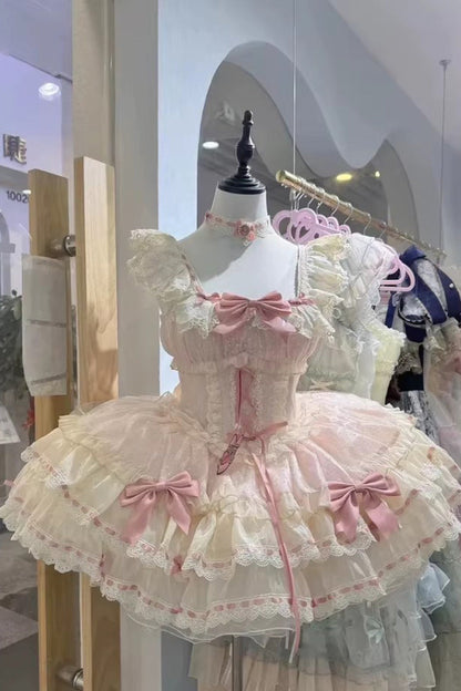 Blush Double-Layered Ruffle Bow Lace-Up Ballerina JSK - Flory Butterfly