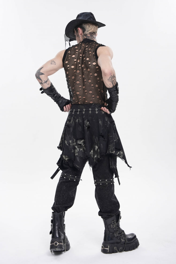 Punk Skirt for Men with Black Irregular Ripped Buckled Pleated Chain Design