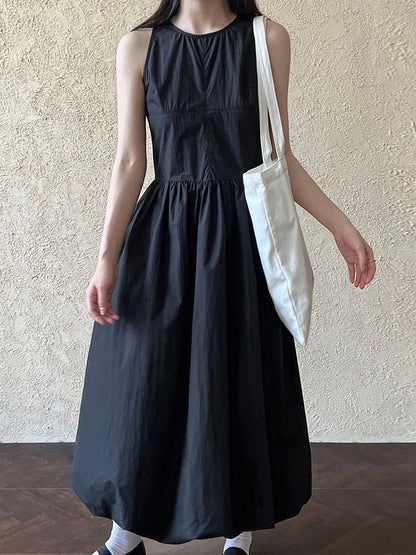 Patchwork O-neck Dress Simple Sleeveless Blue Puff Hem