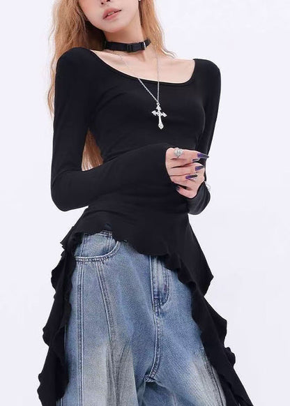 Spring One Black French Shoulder Asymmetrical Cotton Tops