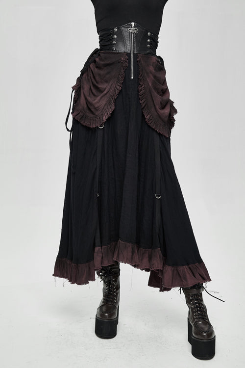 Drawstring Steampunk Half Skirt for Women - Burgundy Printed