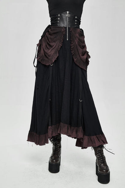 Drawstring Steampunk Half Skirt for Women - Burgundy Printed