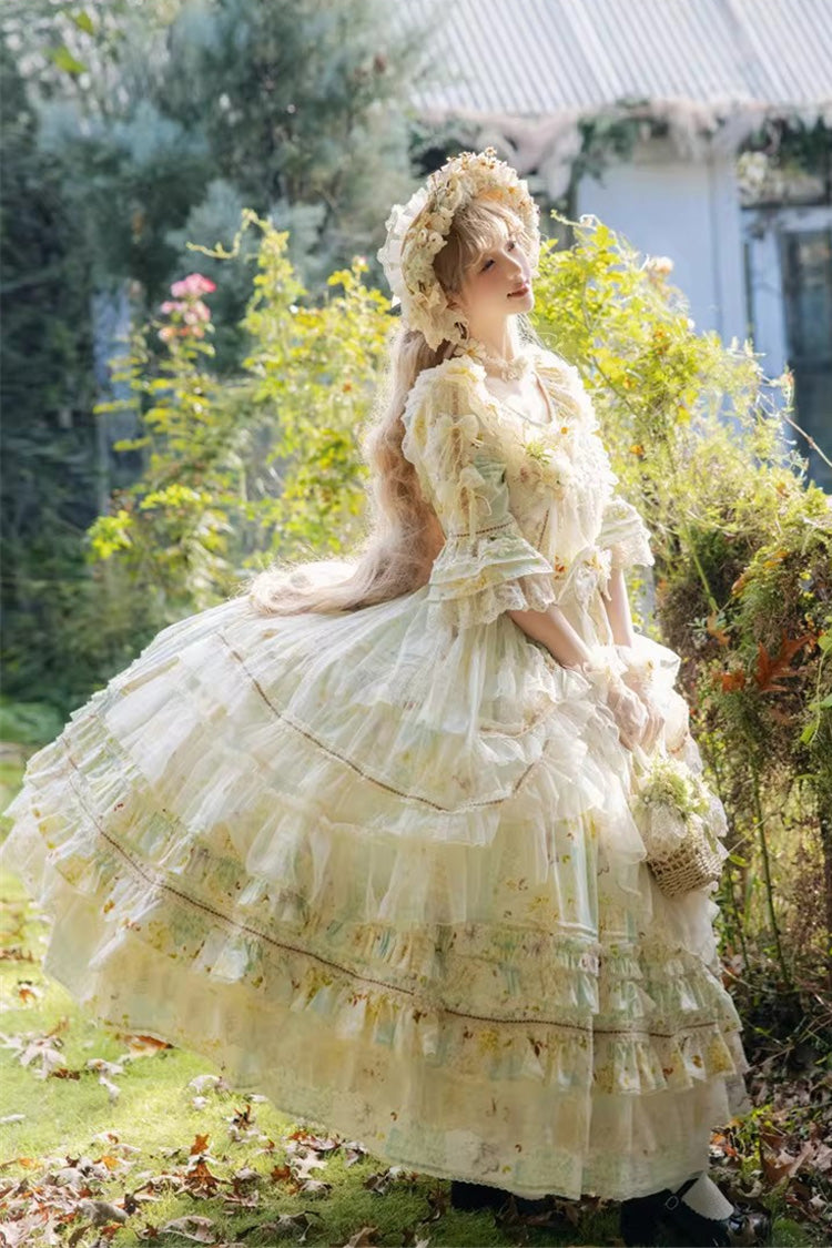 Emerald Daisy Lapel Half-Sleeve Layered Bow Lace Plus-Size Princess Dress