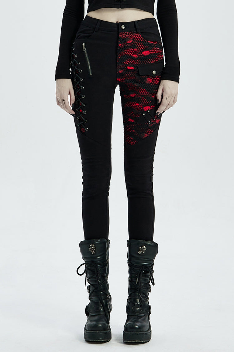 Lace-Up Stitching Drawstring Steampunk Skinny Jeans for Women - Two Shades