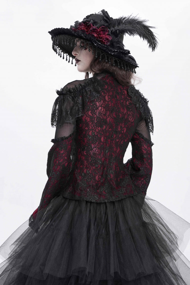 Crimson High-Neck Gothic Lace Blouse with Embroidered Flared Sleeves