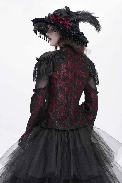 Crimson High-Neck Gothic Lace Blouse with Embroidered Flared Sleeves