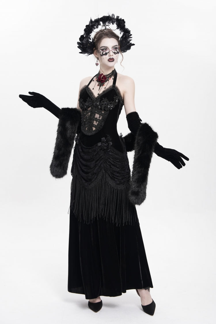 No-Sleeve Floral Lace-Up Pleated Gothic Maxi Gown
