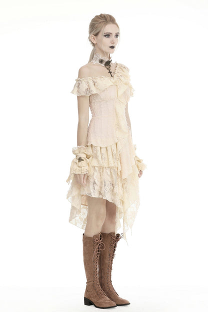 Steampunk Vintage Women's Dress with Irregular Ruffled Lace Layers, Cream