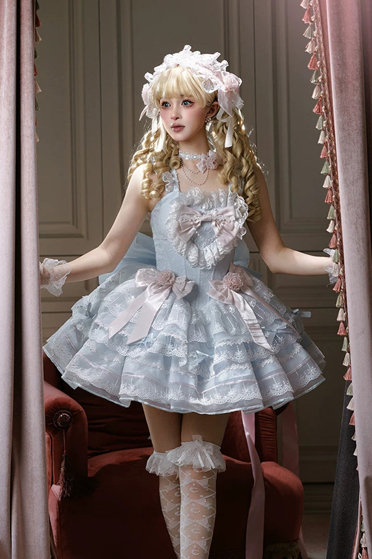 Azure Crystal Isle Square Collar Sleeveless Multi-Layered Jacquard Ruffled Bow Sweet Balletcore Lolita Tiered Gown