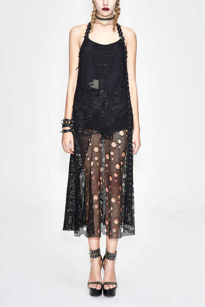 Void Halterneck Peplum Dress with Mesh Cutouts