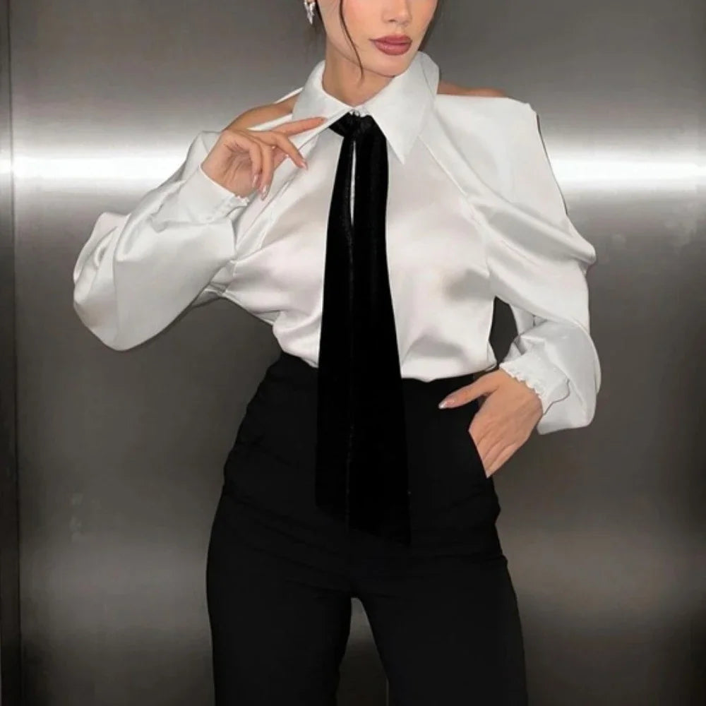 Satin Off Tie Top Sleeve Party Long Shoulder Lapel White with