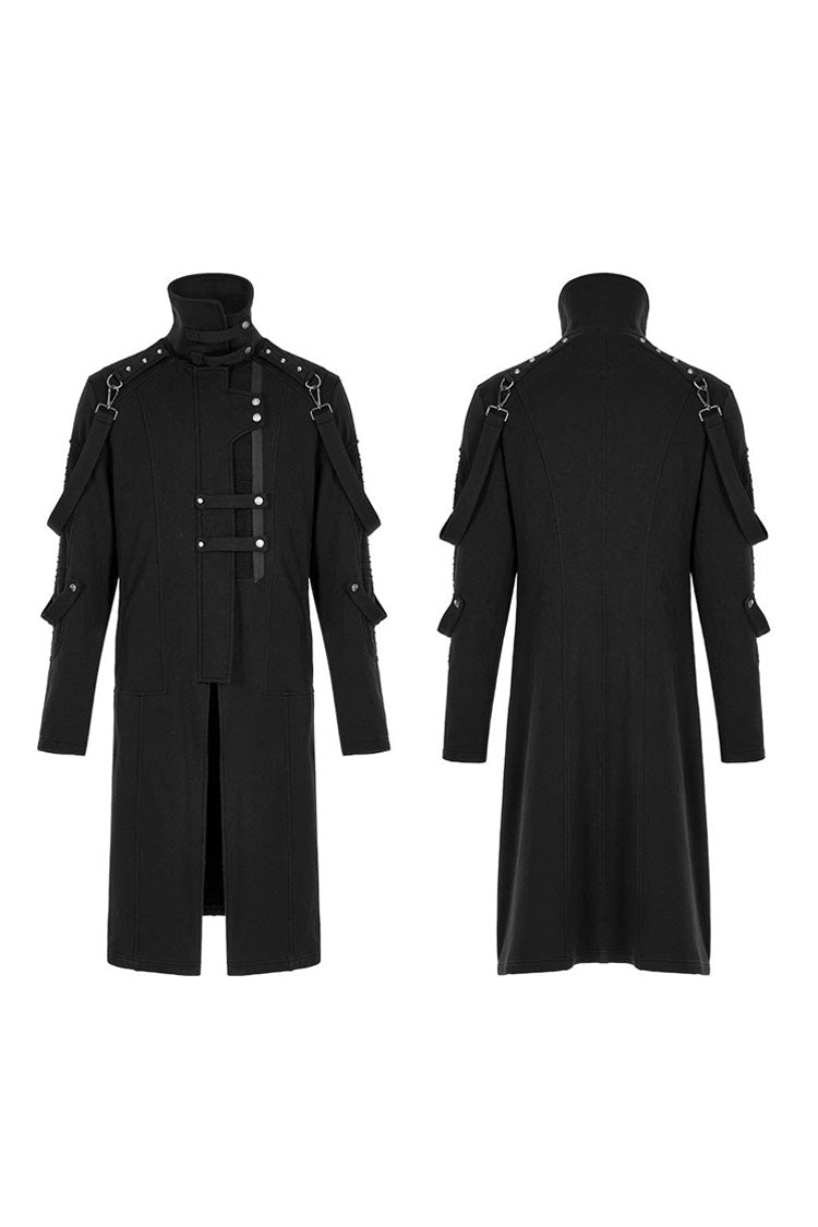 Noir High-Collar Knit Coat with Metal Shoulder Straps