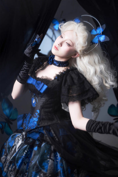 Azure Dark Moon Corridor Print Embroidery Gothic Lolita Gown Skirt