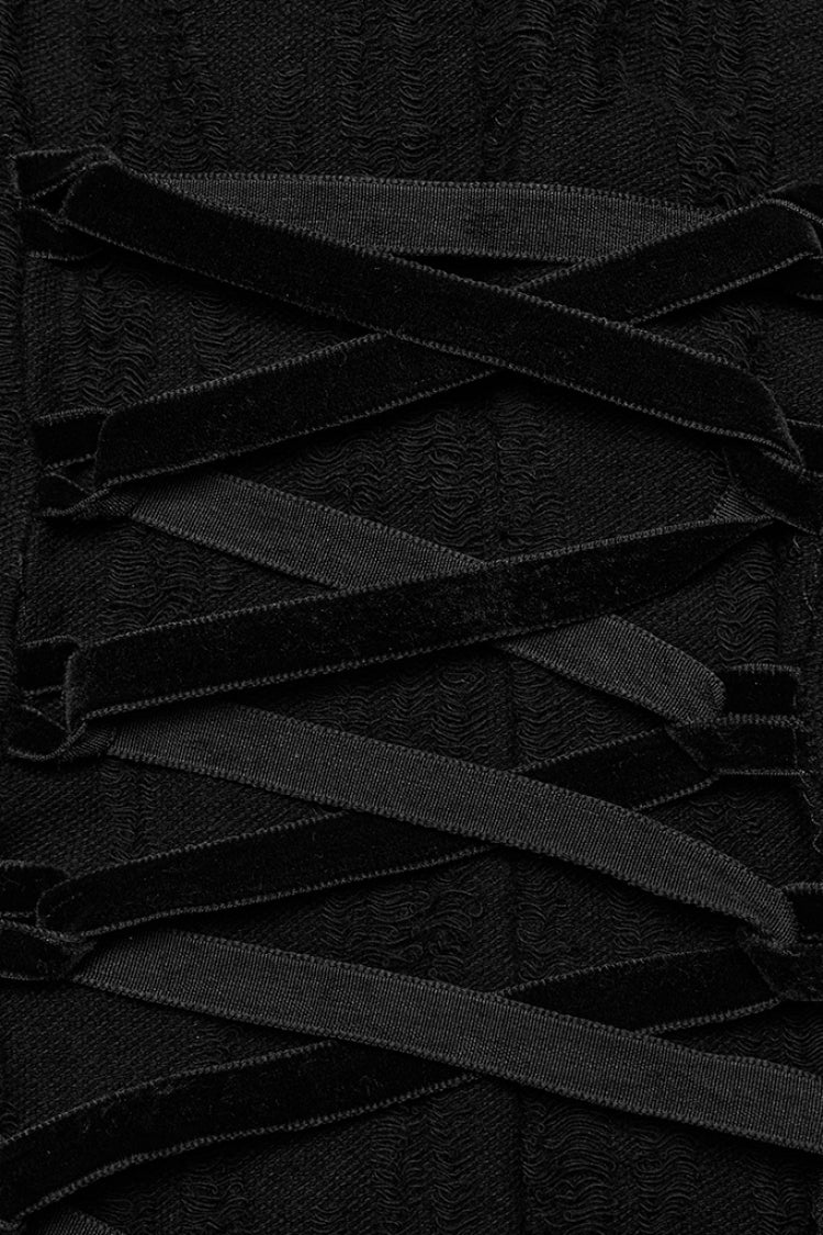 Black Gothic Dress with Snake Print, Lace-Up Mesh and High Collar for Women
