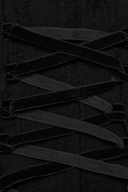Black Gothic Dress with Snake Print, Lace-Up Mesh and High Collar for Women