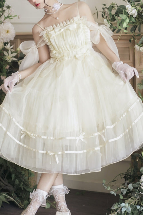 Sweet Lolita JSK Gown with High Waist, Bow Accents & Chiffon Long Cut