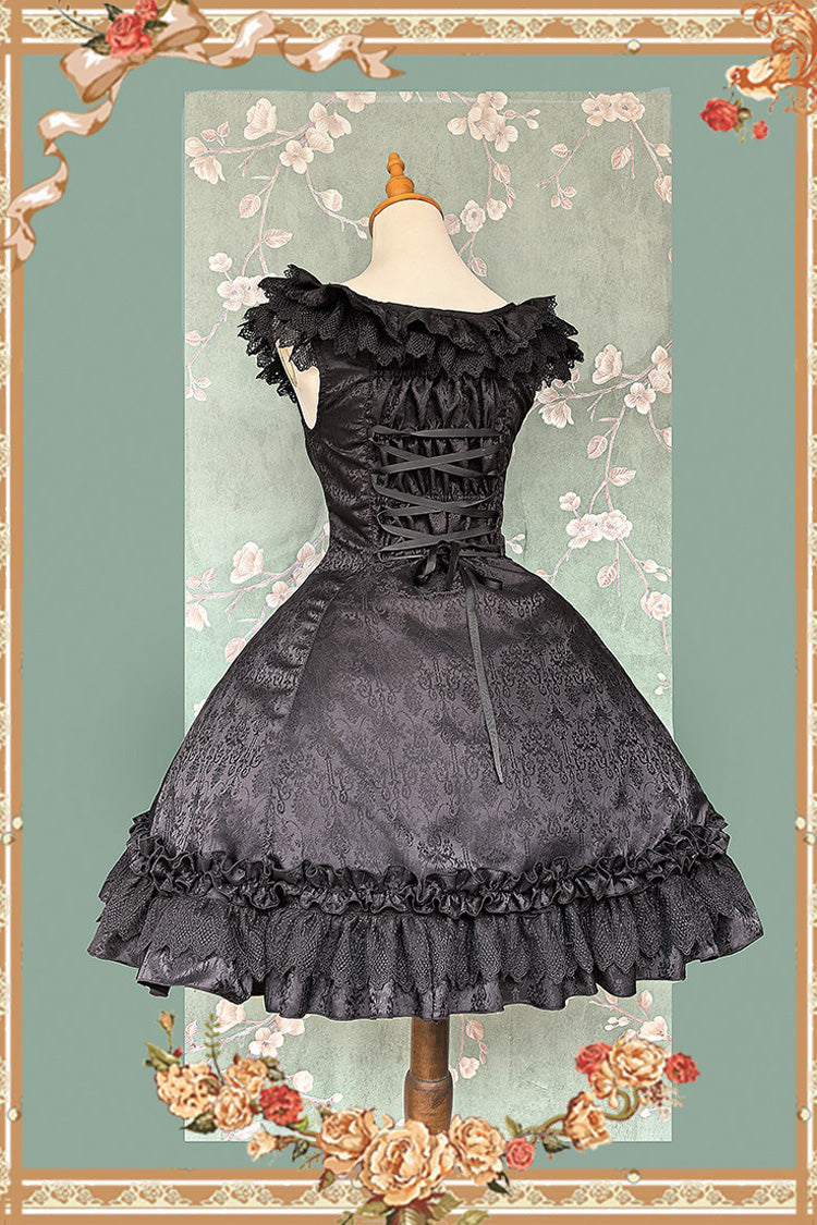 Gothic JSK Dress with Floral Print, Round Collar, and Ruffled Bow in Black