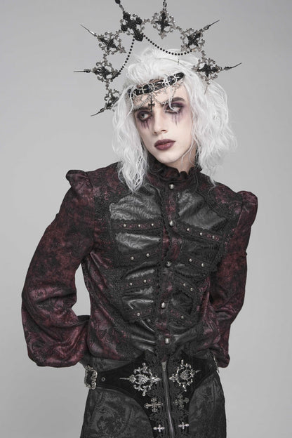 Crimson & Obsidian Stand Collar Long Lantern Sleeves Floral Print Embroidery Gothic Blouse