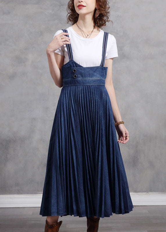 Stylish Blue Patchwork Spaghetti Strap Pleated Denim Dress Summer NN014