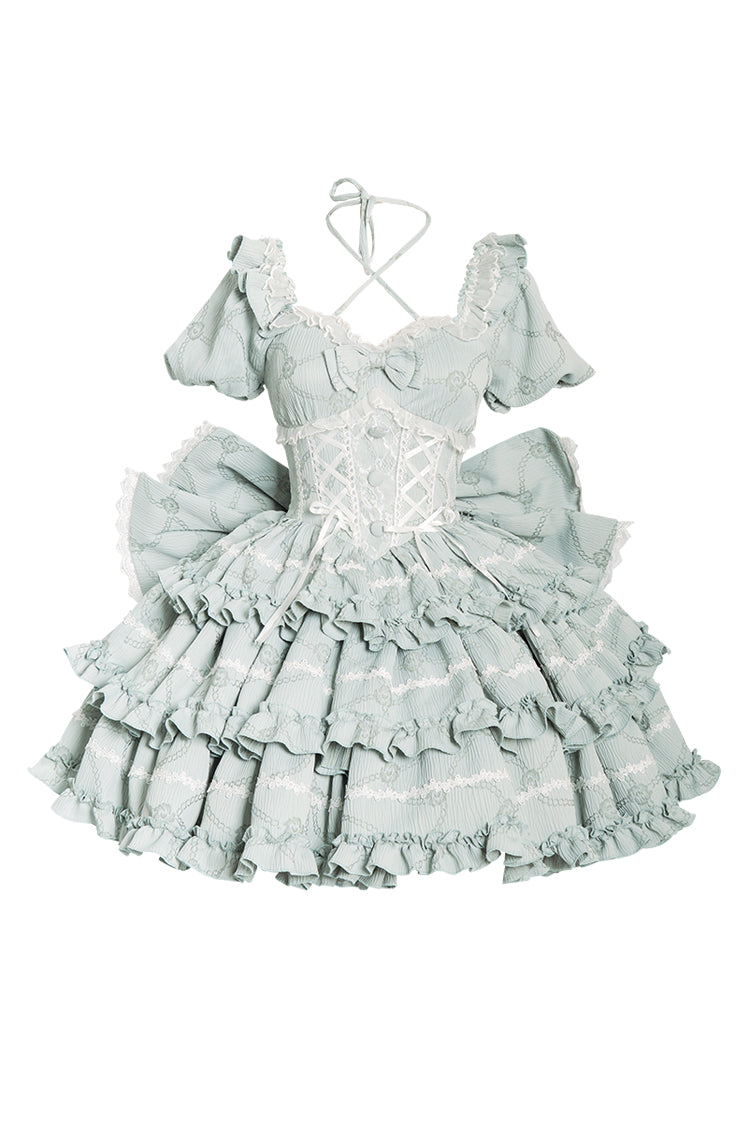 Square Collar Short Sleeve Triple-Layered Ruffle Bowknot Sweet Lolita Dress in Mint