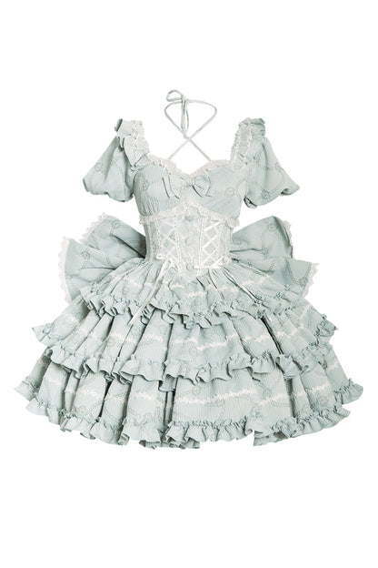 Square Collar Short Sleeve Triple-Layered Ruffle Bowknot Sweet Lolita Dress in Mint